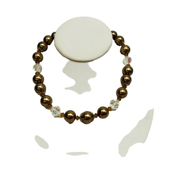 Vintage Lisner Necklace Choker Beaded Strand AB Crystal, Brown, Gold Tone 16 in - Picture 13 of 14